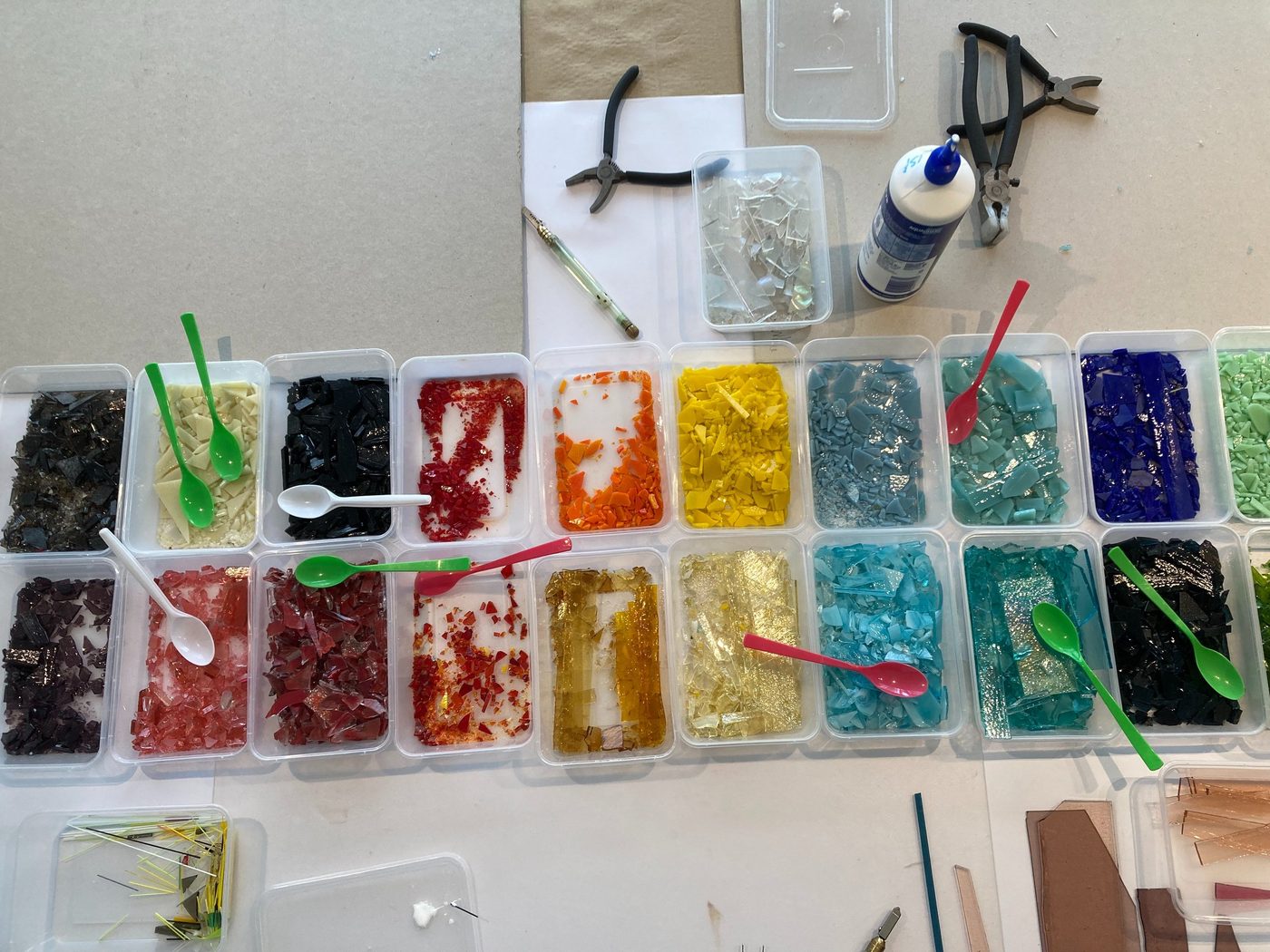 Trays of coloured glass