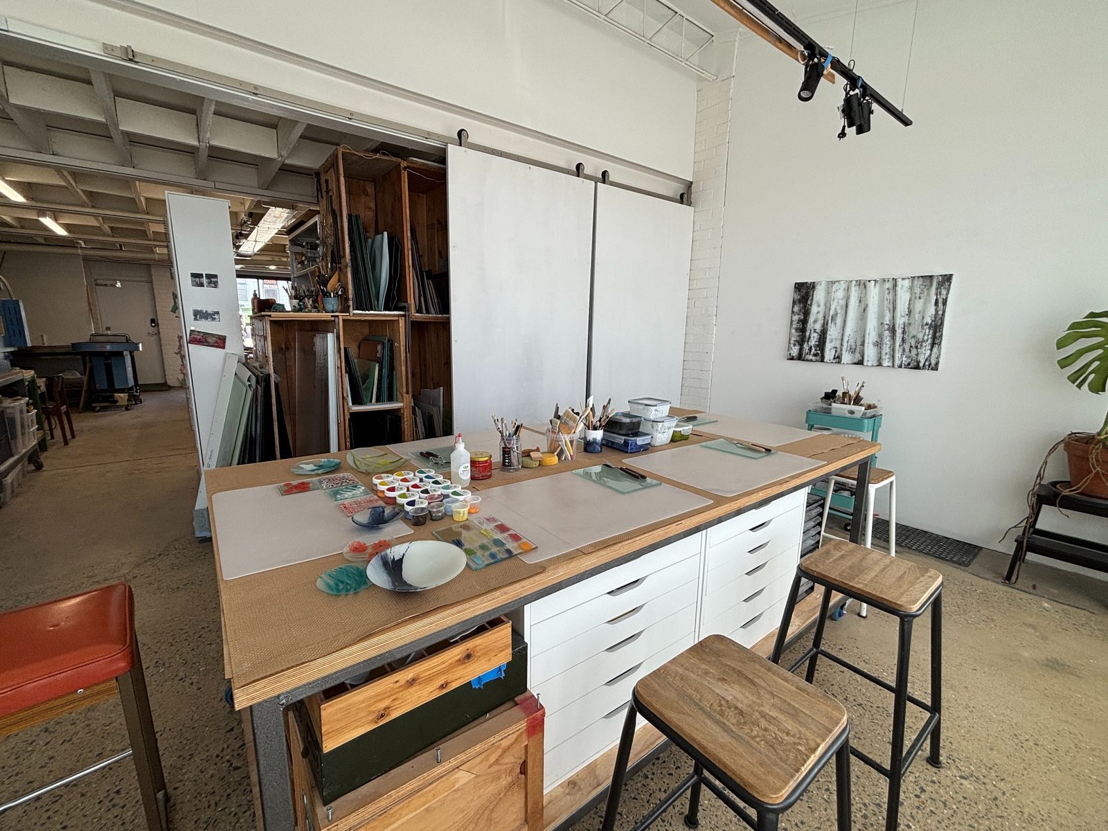 The long workshop table in the studio